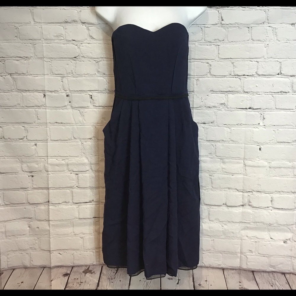 Chloé Luxury Wool Strapless Sweetheart A-Line Midi Dress Navy Blue FR 38 / US 6